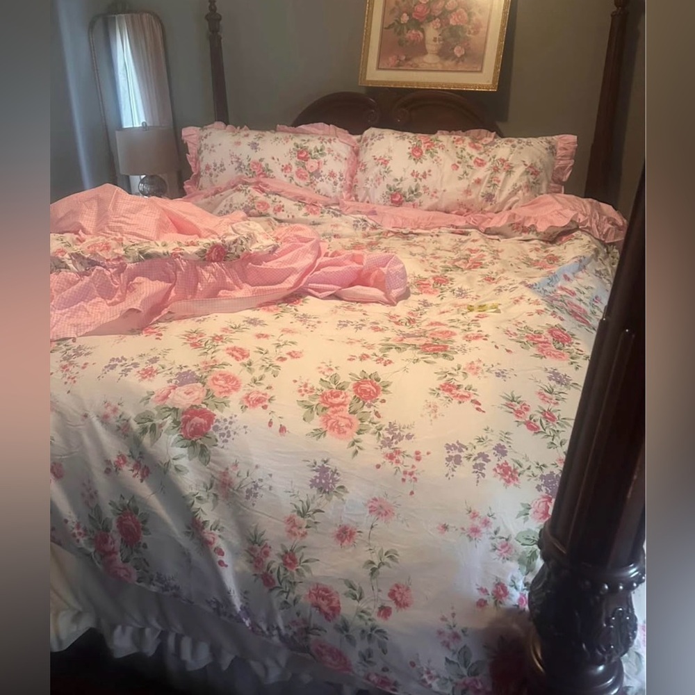 Floral Pink Ruffled Cotton Duvet Comforter Set - Romantic Garden Bedding